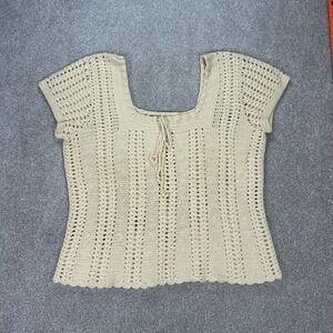 Boston Proper vintage Crochet Knit Top Square Neck Cream Cotton‎ Handmade Small